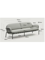 MATER 225 cm in grauem Aluminium und Kissen aus waschbarem abnehmbarem wasserabweisendem Stoff 3 Sitzer Sofa