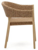 BAGAR stackable chair with armrests in solid eucalyptus wood and natural finish synthetic rattan for outdoor use