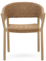 BAGAR stackable chair with armrests in solid eucalyptus wood and natural finish synthetic rattan for outdoor use