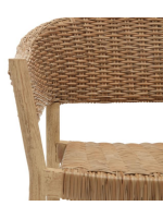 BAGAR stackable chair with armrests in solid eucalyptus wood and natural finish synthetic rattan for outdoor use