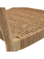 BAGAR stackable chair with armrests in solid eucalyptus wood and natural finish synthetic rattan for outdoor use