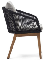 CLOUL chair with armrests in solid acacia wood covered in rope and removable cushions for outdoor