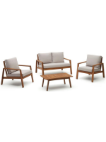 ERIS sofa set 126 cm and 2 armchairs and coffee table in solid acacia wood and rope and cushions included