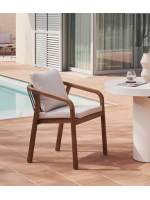 ASTRAL stackable chair with armrests in solid eucalyptus wood and rope and cushions for outdoor use