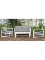 EVOLUTION set 2 seater sofa and 2 armchairs and 1 coffee table in painted aluminum with teak armrests and cushions