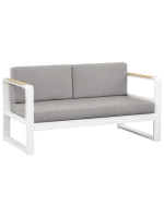 EVOLUTION set 2 seater sofa and 2 armchairs and 1 coffee table in painted aluminum with teak armrests and cushions