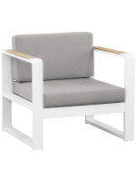 EVOLUTION 2 Sitzer Sofagarnitur und 2 Sessel und 1 Couchtisch aus lackiertem Aluminium mit Armlehnen und Kissen aus Teakholz