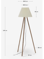 GROVE tripod in solid rubber wood and beige pleated lampshade floor lamp