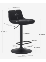 DARCY asiento h 64-86 cm en tejido chenilla negro taburete de diseño de pistón de acero negro mate ajustable en altura