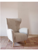 MEMORY chenille armchair with buttons and beech wood legs