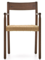 HELKE chair with armrests in solid oak walnut finish and seat in rope