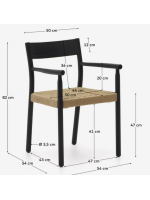 NABUK chaise avec accoudoirs en chêne massif finition noir et assise en corde