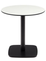 MOARE table with 70 cm diameter top in white hpl and base in black painted metal for outdoor use