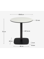 MOARE table with 70 cm diameter top in white hpl and base in black painted metal for outdoor use