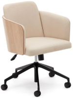 CAVER desk armchair for home or office in beige chenille and ash veneer natural finish with wheels