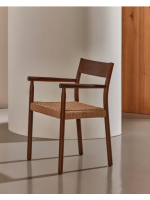 HELKE chair with armrests in solid oak walnut finish and seat in rope