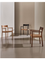 HELKE chair with armrests in solid oak walnut finish and seat in rope