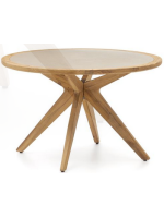 AMELY Mesa redonda para exteriores diámetro 120 cm patas en madera de acacia y tapa en policarbonato beige