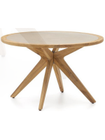 AMELY Table d'extérieur ronde diamètre 120 cm pieds en bois d'acacia et plateau en polycarbonate beige