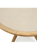 AMELY runder Outdoor Tisch Durchmesser 120 cm Beine aus Akazienholz und Platte aus beigem Polycarbonat