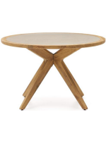 AMELY Mesa redonda para exteriores diámetro 120 cm patas en madera de acacia y tapa en policarbonato beige