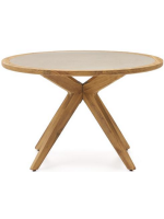 AMELY round outdoor table diameter 120 cm legs in acacia wood and top in beige polycarbonate