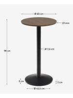 TARA mesa alta 97 cm diámetro 60 cm en melamina acabado nogal y base de metal pintado de negro para bares y restaurantes