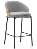 LEOPOLDO tabouret assise h 65 cm plaqué frêne finition naturelle en tissu gris clair et structure en métal noir