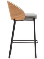 LEOPOLDO tabouret assise h 65 cm plaqué frêne finition naturelle en tissu gris clair et structure en métal noir