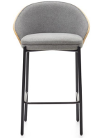 LEOPOLDO tabouret assise h 65 cm plaqué frêne finition naturelle en tissu gris clair et structure en métal noir