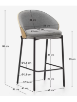 LEOPOLDOSitzhocker h 65 cm furnierte Esche natur lackiert mit hellgrauem Stoff und schwarzer Metallstruktur