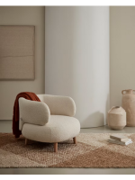DORIN fauteuil design en tissu bouclé écru et pieds en bois