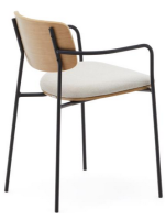 SUAN stackable chair with armrests in natural oak veneer and black metal legs