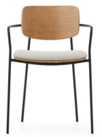 SUAN stackable chair with armrests in natural oak veneer and black metal legs