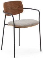 GUSTO stackable chair with armrests in walnut veneer and black metal legs