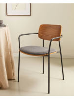 GUSTO stackable chair with armrests in walnut veneer and black metal legs