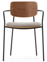 GUSTO stackable chair with armrests in walnut veneer and black metal legs