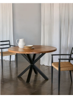 AFREID tavolo diam 120 o 150 cm piano in legno massello di acacia e base in metallo nero design