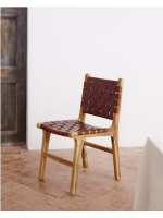 MARIKA vintage chair in solid wood and strips of brown leather