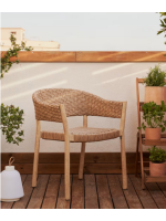 BAGAR chaise empilable avec accoudoirs en bois d'eucalyptus massif et rotin synthétique finition naturelle pour l'extérieur