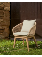 ABREN chair with armrests in solid acacia wood covered in rope and removable cushions for outdoor