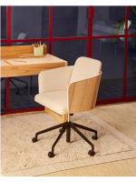 CAVER fauteuil de bureau pour la maison ou le bureau en chenille beige et placage frêne finition naturelle avec roulettes