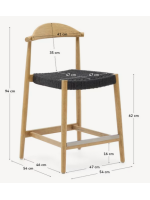 BIRNAX stool with seat h 62 cm in solid natural acacia wood and black rope for indoors or outdoors