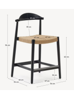 ASTRA Hocker mit Sitzhöhe 62 cm aus massivem Akazienholz, schwarz lackiert und beigem Seil für drinnen oder draußen