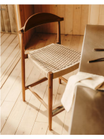 DODI stool with seat h 62 cm in solid acacia wood with walnut finish and beige rope for indoors or outdoors