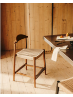 DODI stool with seat h 62 cm in solid acacia wood with walnut finish and beige rope for indoors or outdoors