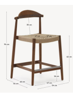 DODI stool with seat h 62 cm in solid acacia wood with walnut finish and beige rope for indoors or outdoors