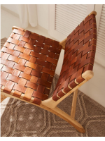 MARIKA vintage armchair in solid wood and strips of brown leather