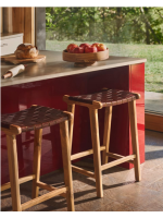 MARIKA vintage stool in solid wood and strips of brown leather