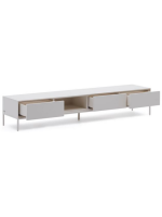 DAMOR meuble TV 195x35h cm en MDF laqué blanc et pieds en acier blanc